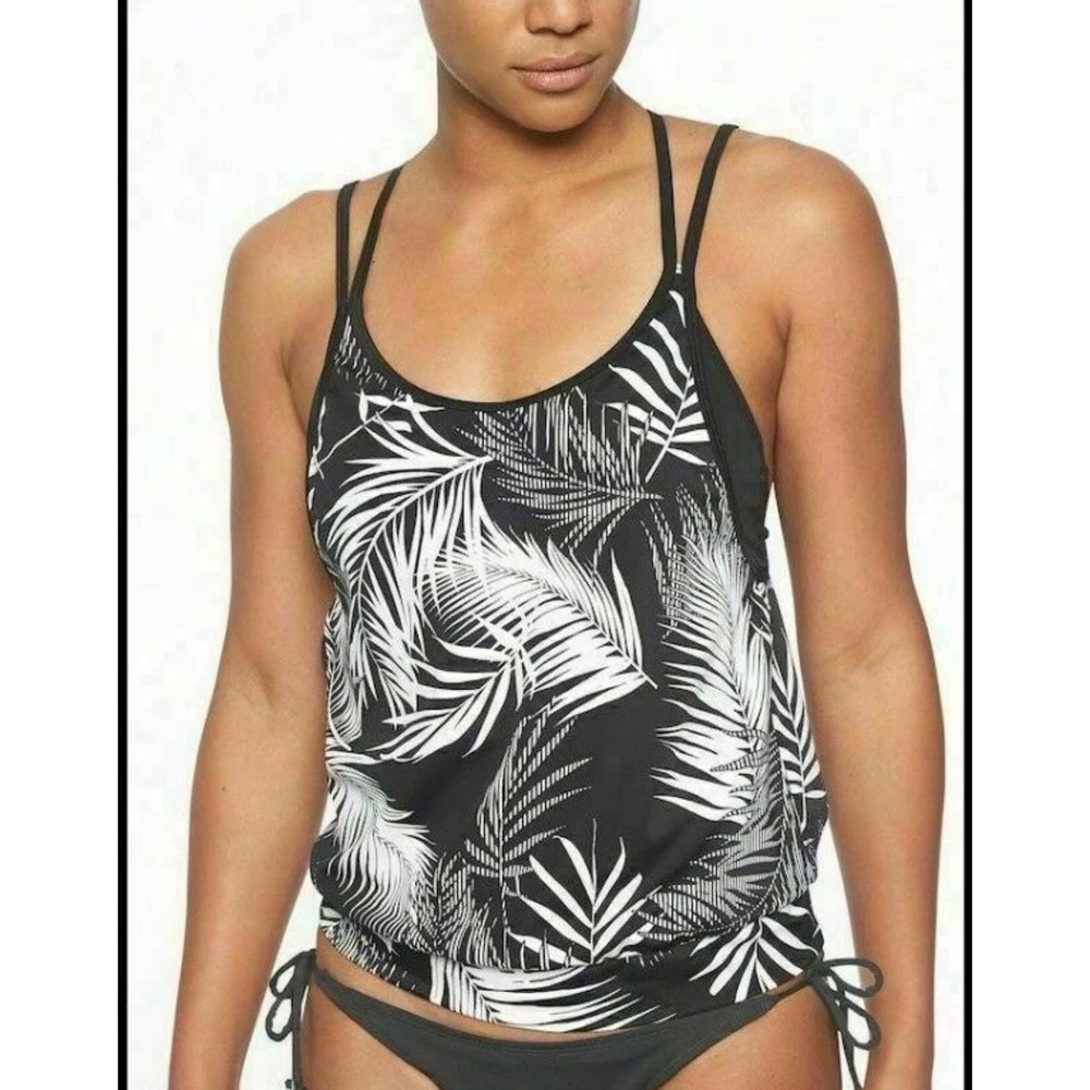 Athleta Black White Palm Print‎ Tankini Top Built In Bra 36B/C Adjustable Straps